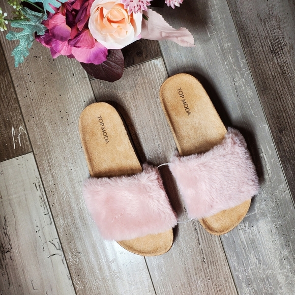 Top Moda Pink Faux Fur Slip-On Slide Sandals Women's Size 8 NEW - Picture 7 of 14